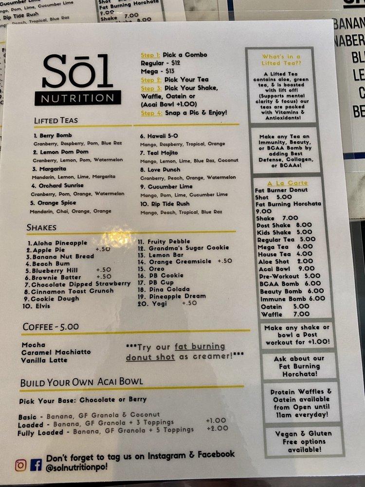 Menu at Sōl Nutrition restaurant, Port Orchard