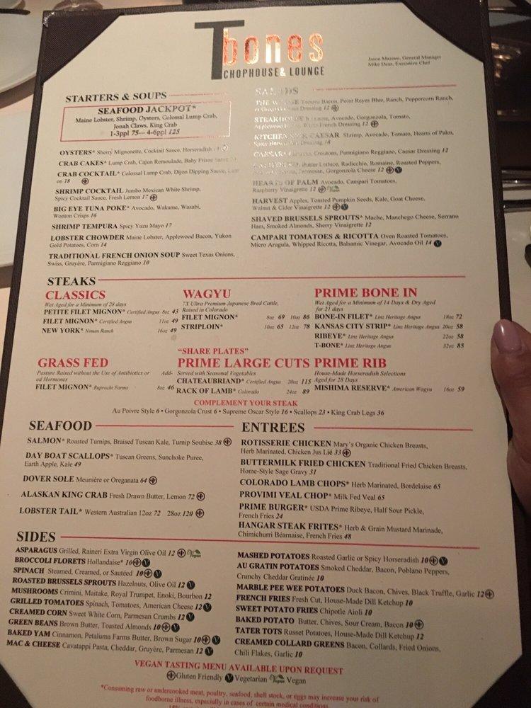 Menu at TBones steakhouse, Las Vegas, W Charleston Blvd