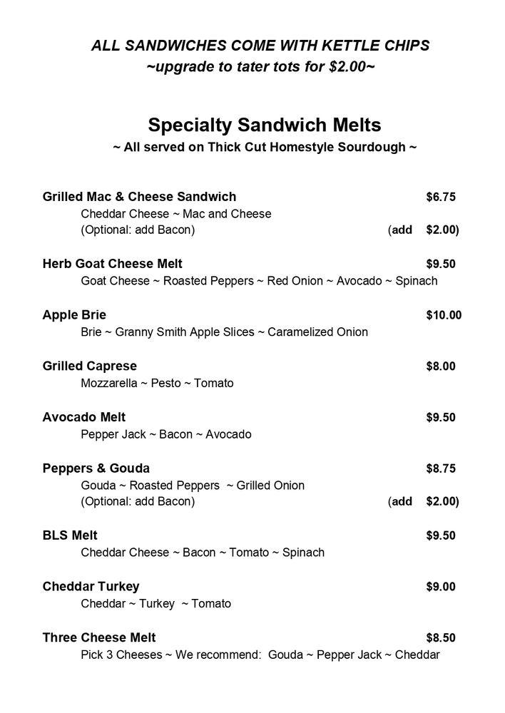 Menu at The Grilled Cheese Shack restaurant, Saugatuck