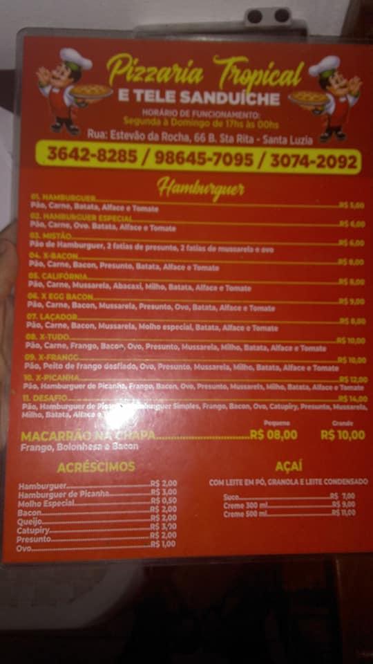 Tele Sanduíche e Pizza Tropical Santa Luzia MG cardápio