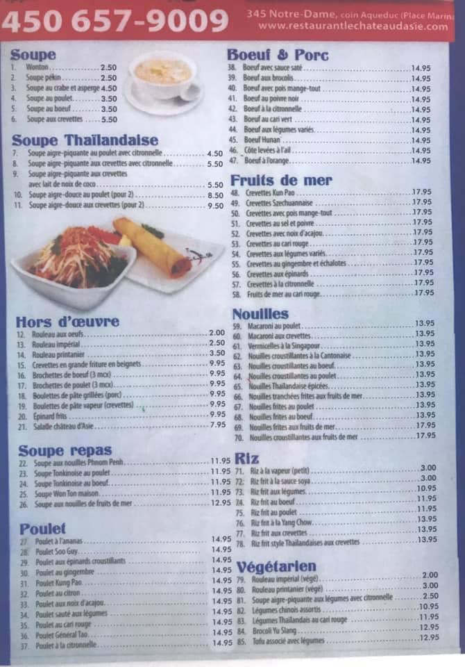 Menu at Château d'Asie restaurant, Repentigny, 60 Rue Aqueduc