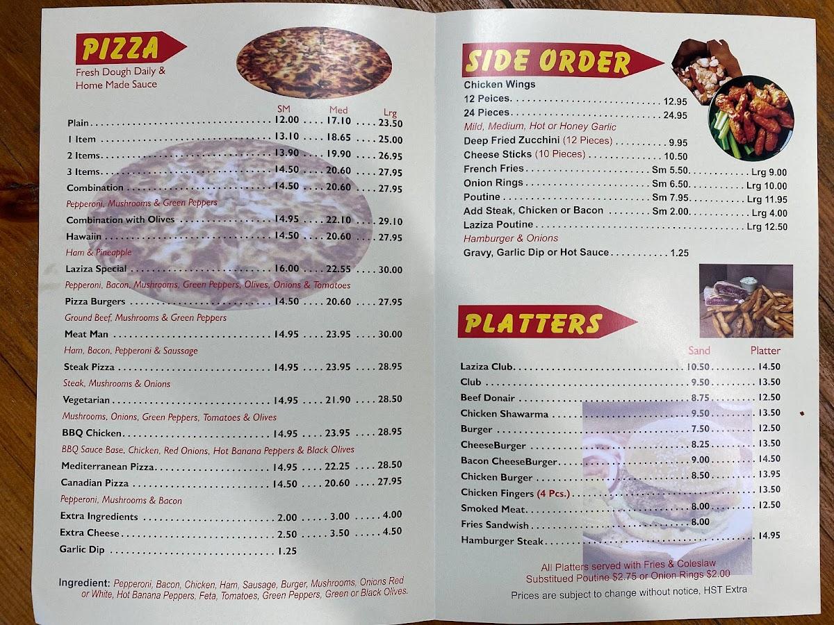 Menu at Laziza Pizza restaurant, Ottawa