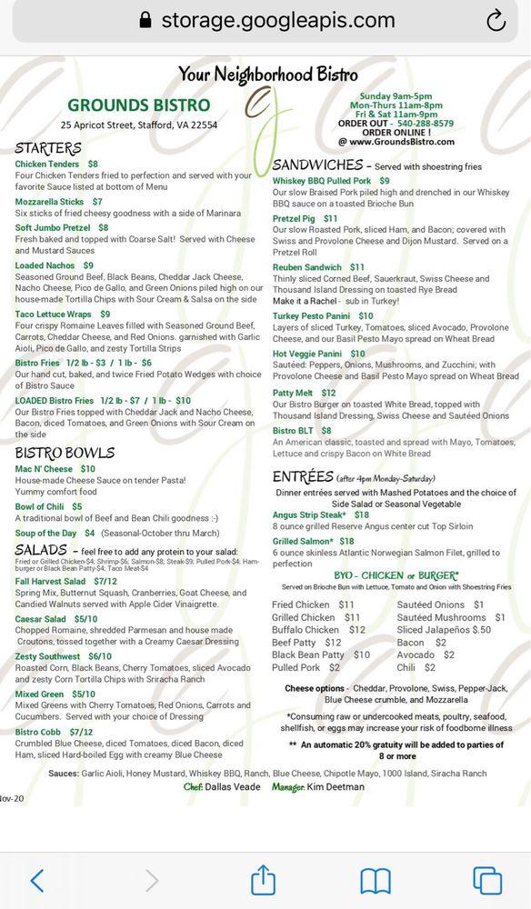 Menu at Grounds Bistro & Café cafe, Stafford