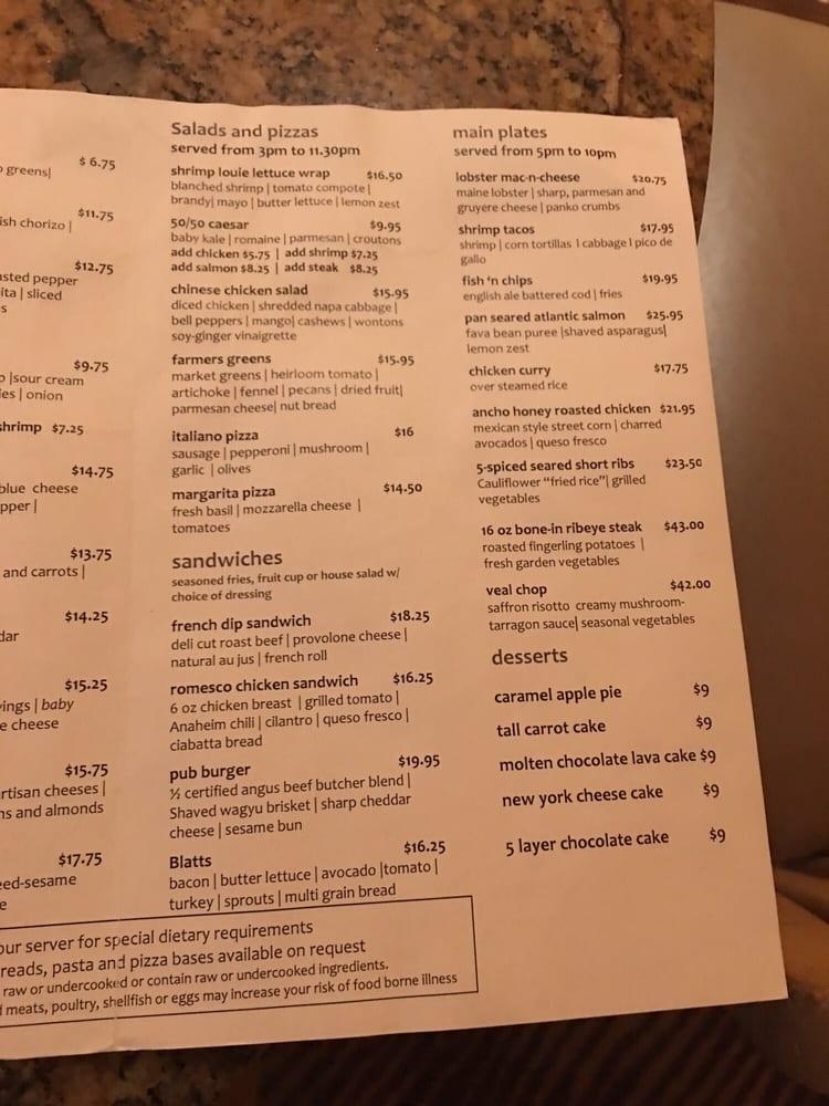 Menu at Landings Bar, Los Angeles, W Century Blvd