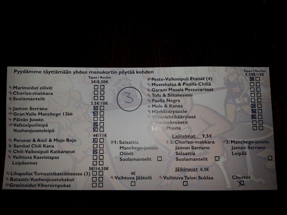 Menu at Bar Inez, Tampere