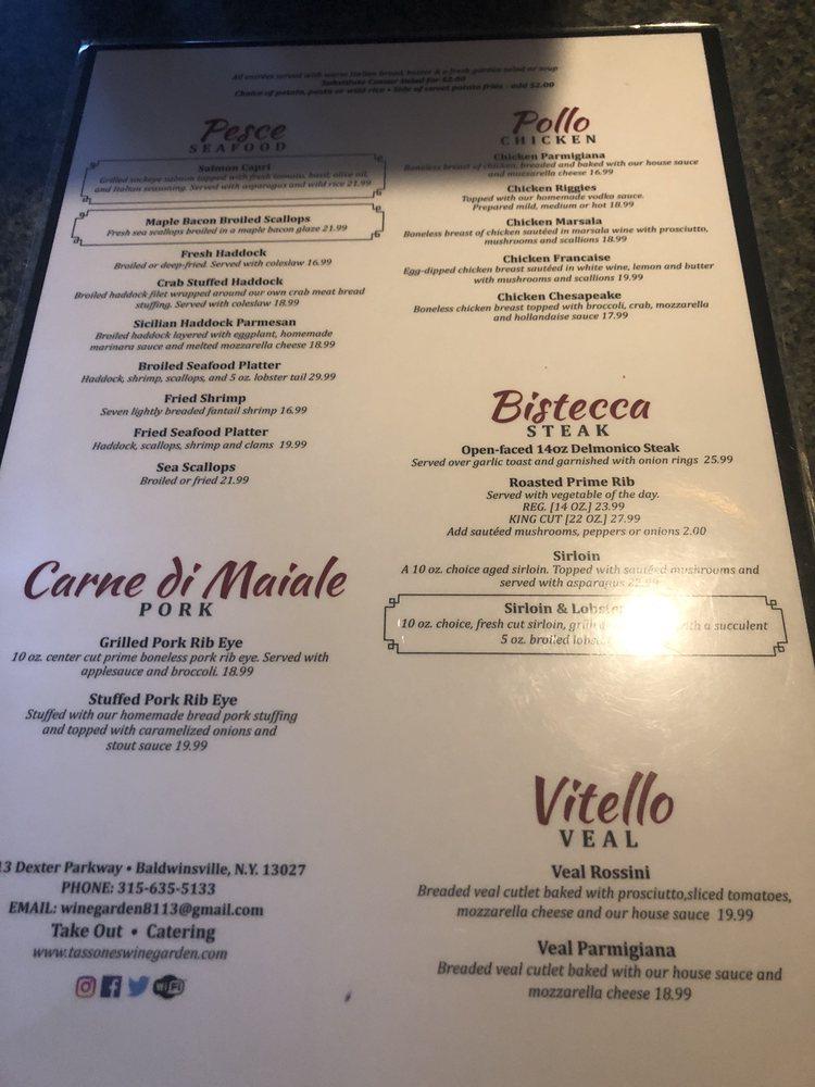 Menu at Tassone's Wine Garden pub & bar, Baldwinsville
