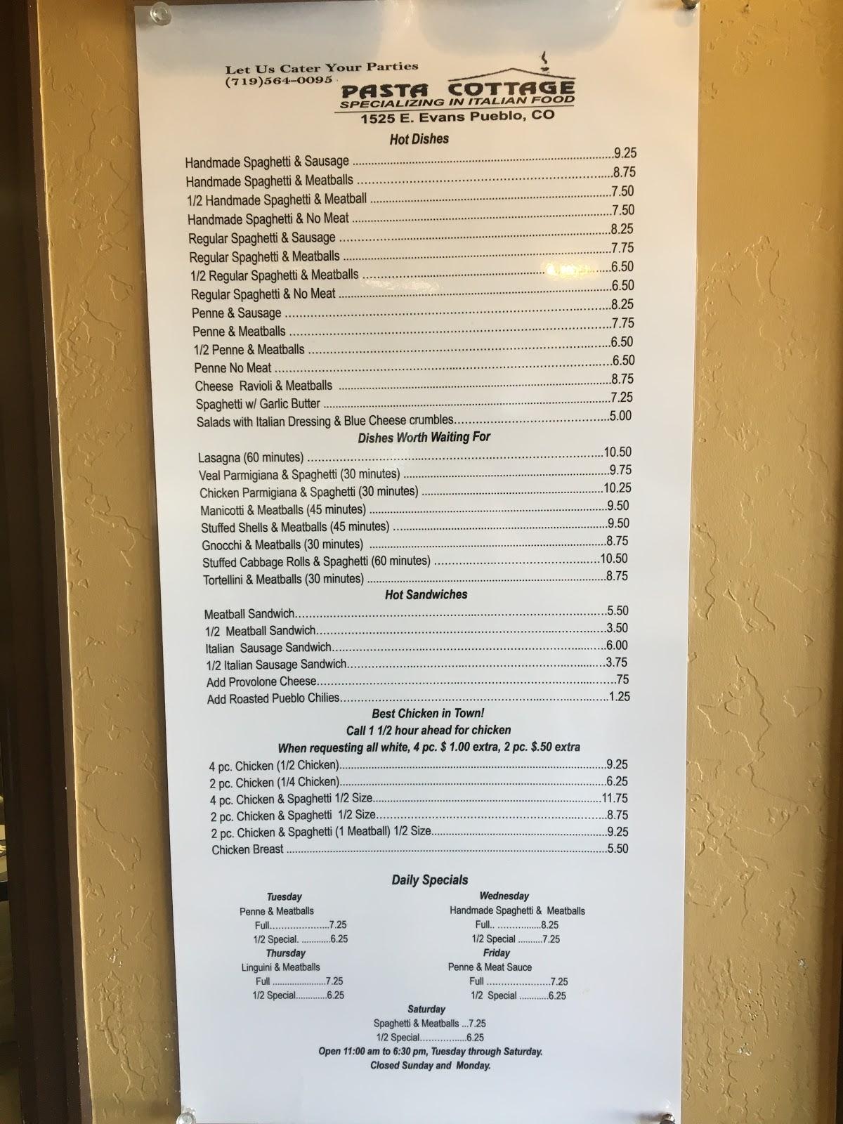 Menu at Pasta Cottage restaurant, Pueblo