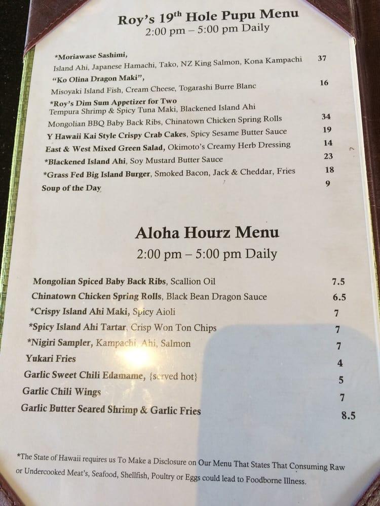 Menu at Roy's Ko Olina restaurant, Kapolei