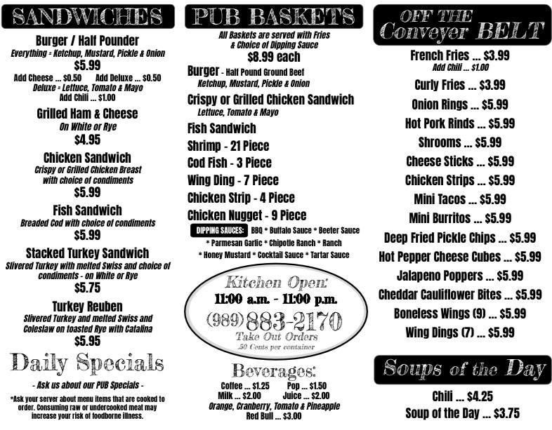 Menu at Beeters Brew Pub, Sebewaing