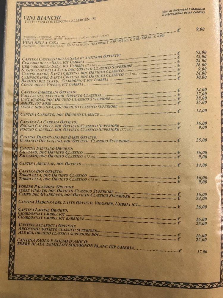 Menu at Trattoria la Palomba restaurant, Orvieto