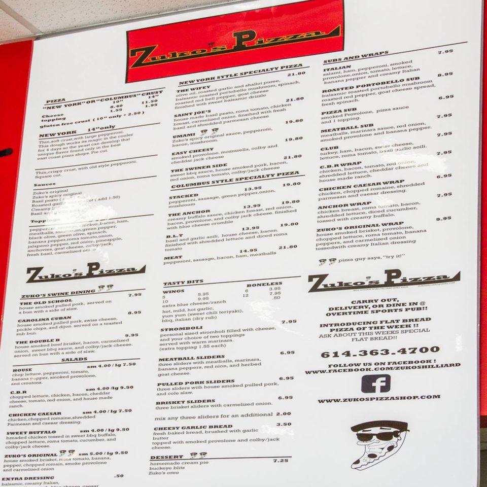 Menu at Zuko's Pizza pizzeria, Hilliard