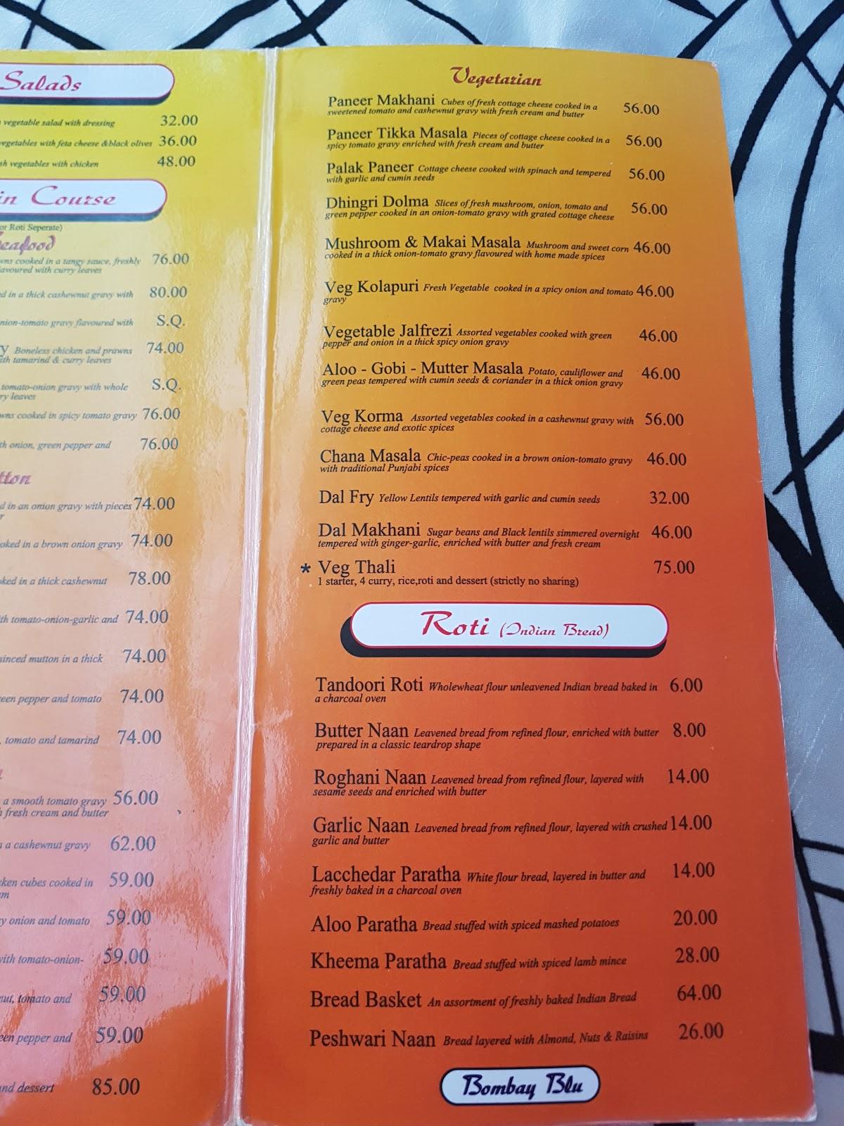 Menu at Bombay Blu restaurant, Durban