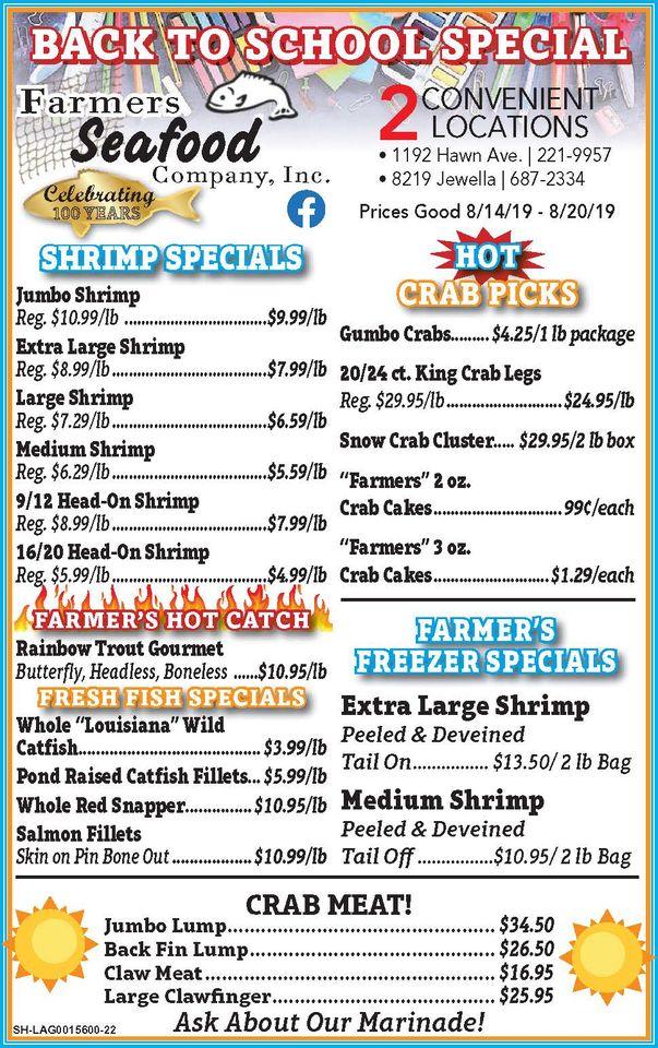 Menu at Farmers Seafood Company restaurant, Shreveport