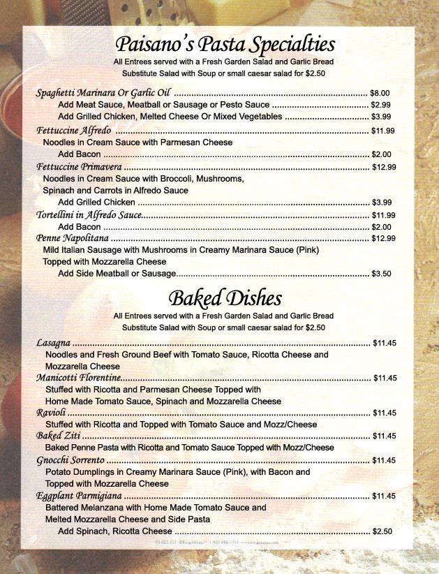 Menu At Paisanos Italian Restaurant Woodstock