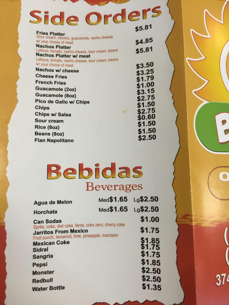 Menu at Cuco's Burrito Express restaurant, Cary