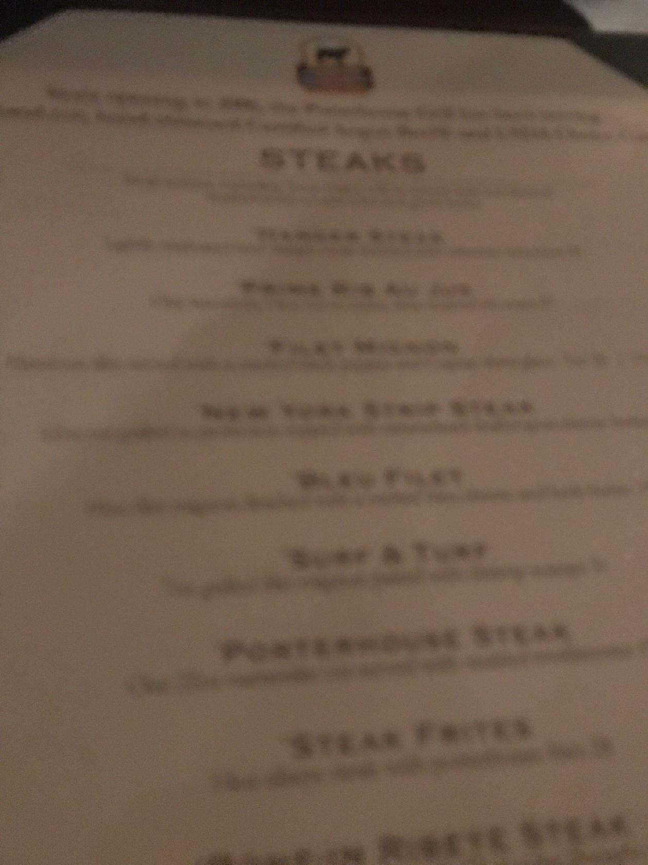 Menu at Porterhouse Grill steakhouse, Athens