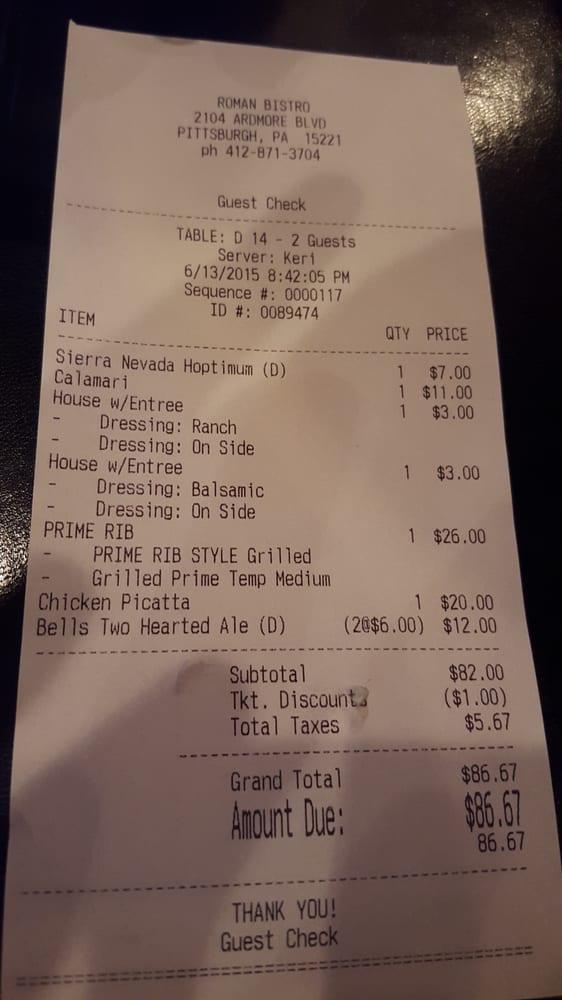 Menu at Roman Bistro pub & bar, Pittsburgh, Ardmore Blvd