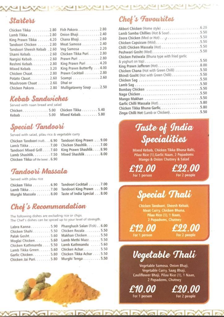 Menu at Taste Of India (Clitheroe) est. since 1997 restaurant, Clitheroe
