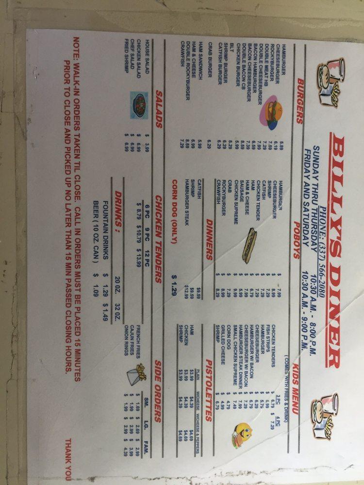 Menu at Billy's Diner restaurant, Krotz Springs