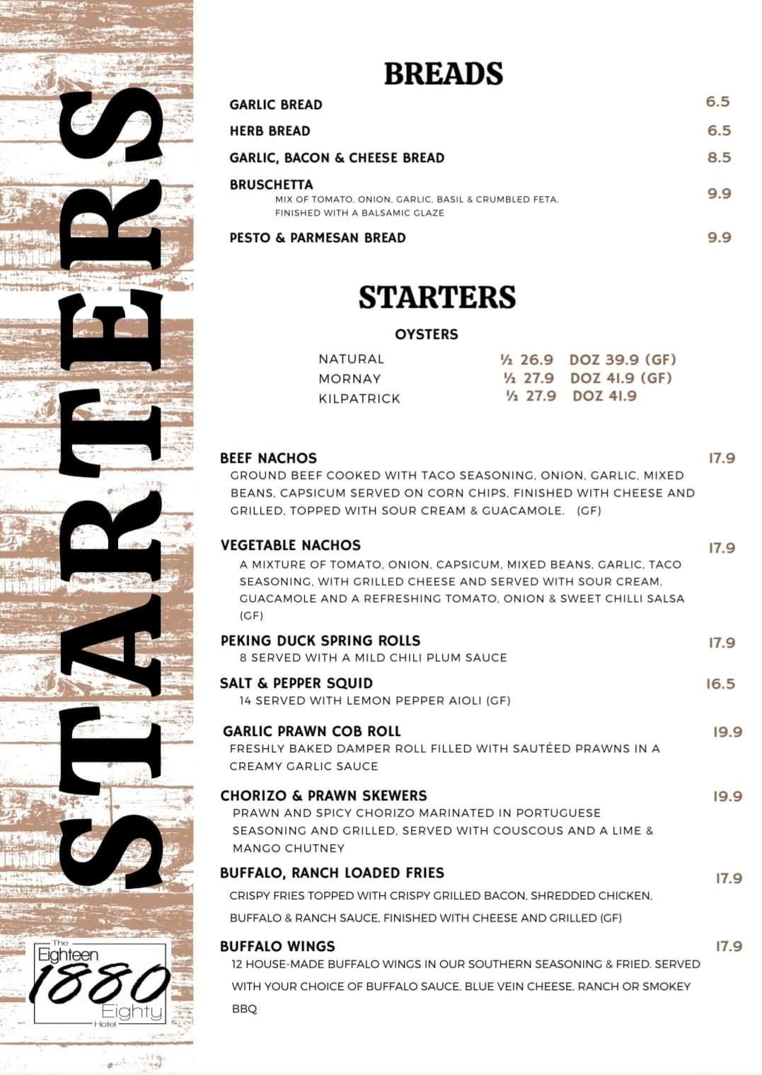 Menu at The 1880 Hotel pub & bar, Bathurst