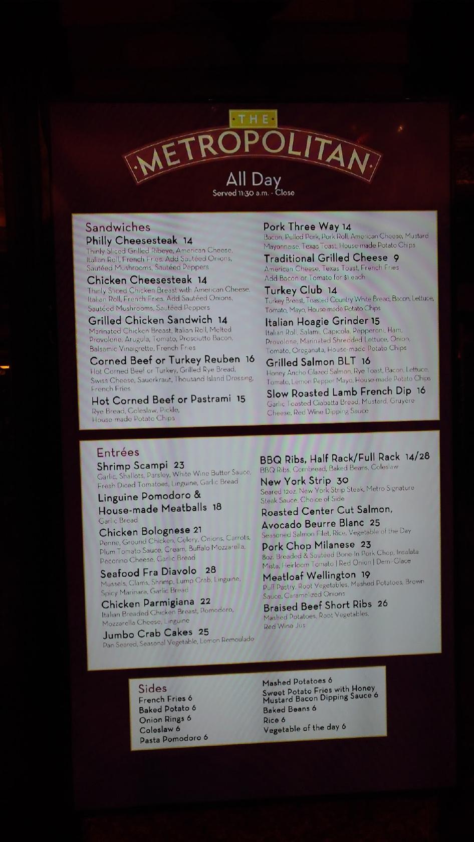 Menu at The Metropolitan restaurant, Atlantic City, Hotel