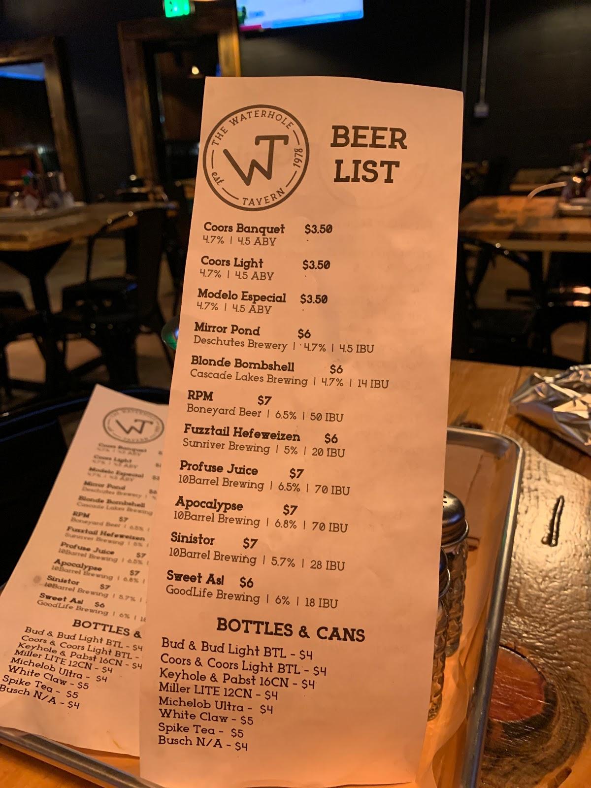 Menu at The Waterhole Tavern pub