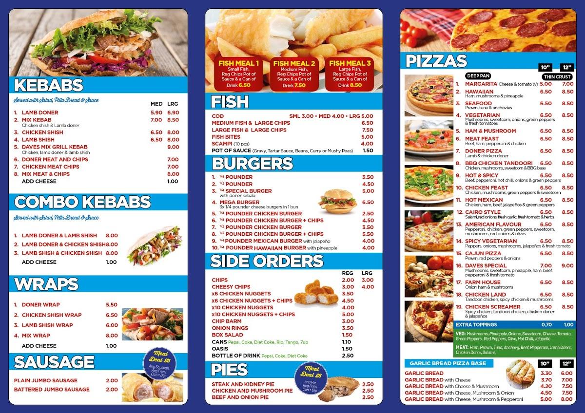 Menu at Dave's Fish & Chips Kebab Pizza Takeaway restaurant, Gloucester