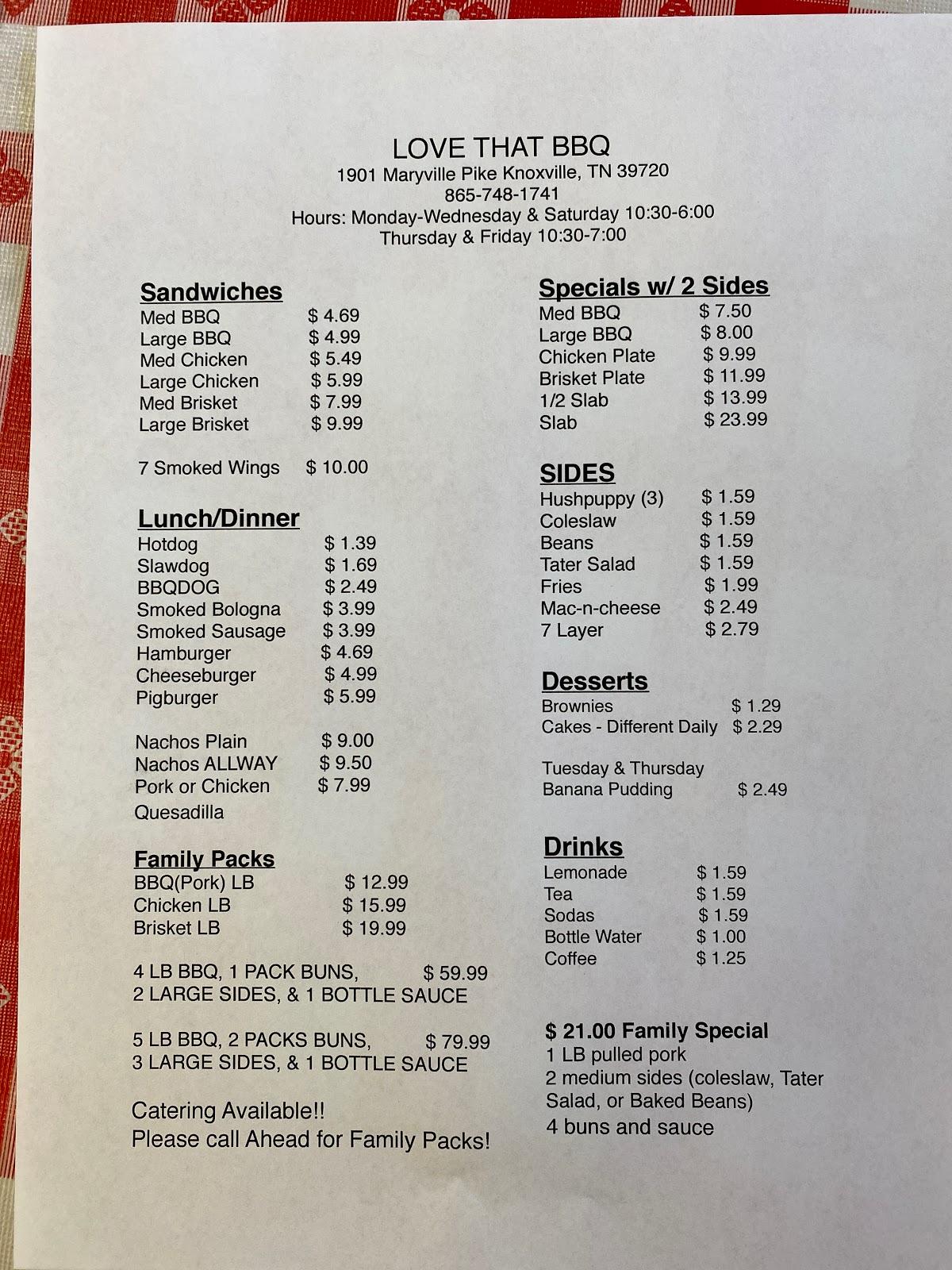 Menu at Love That BBQ, Knoxville