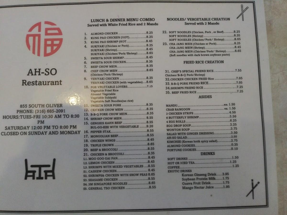 Menu at AhSo Oriental Restaurant, Wichita, 855 Oliver