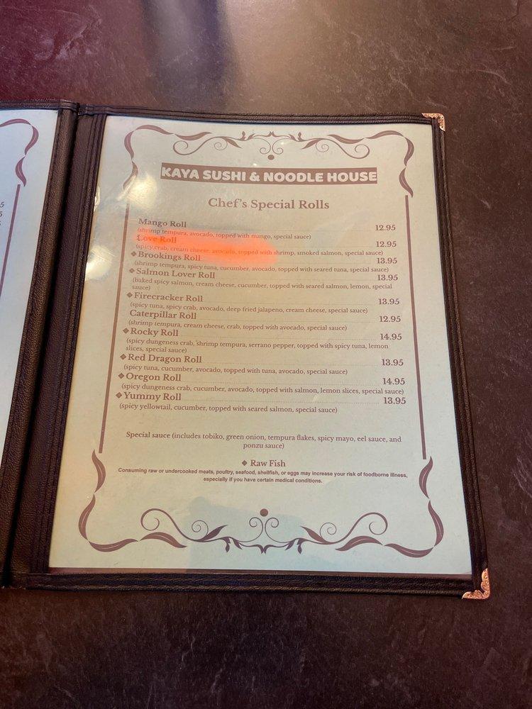 Menu at Kaya Sushi & Noodle House restaurant, Brookings