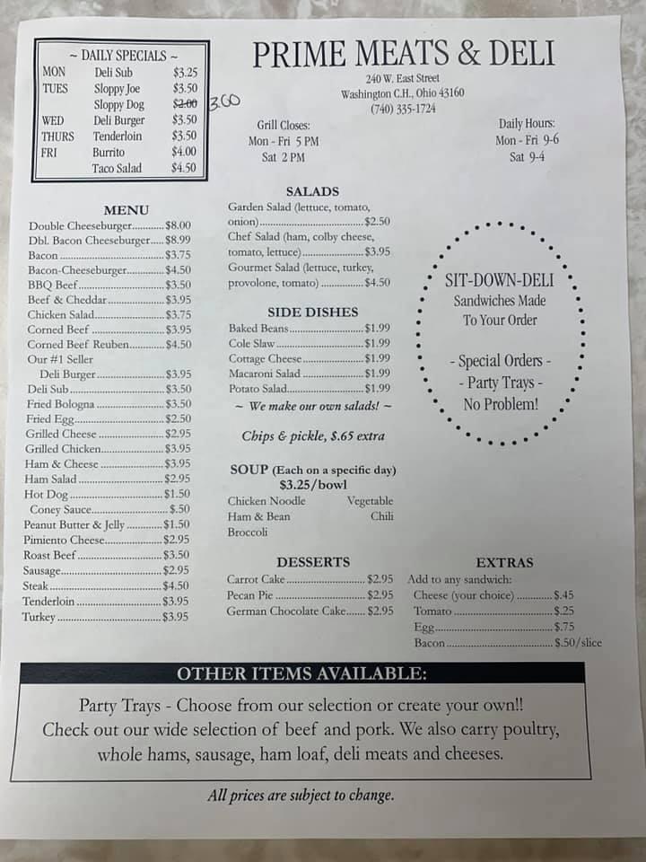 Menu at Prime Meats & Deli restaurant, Washington Court House
