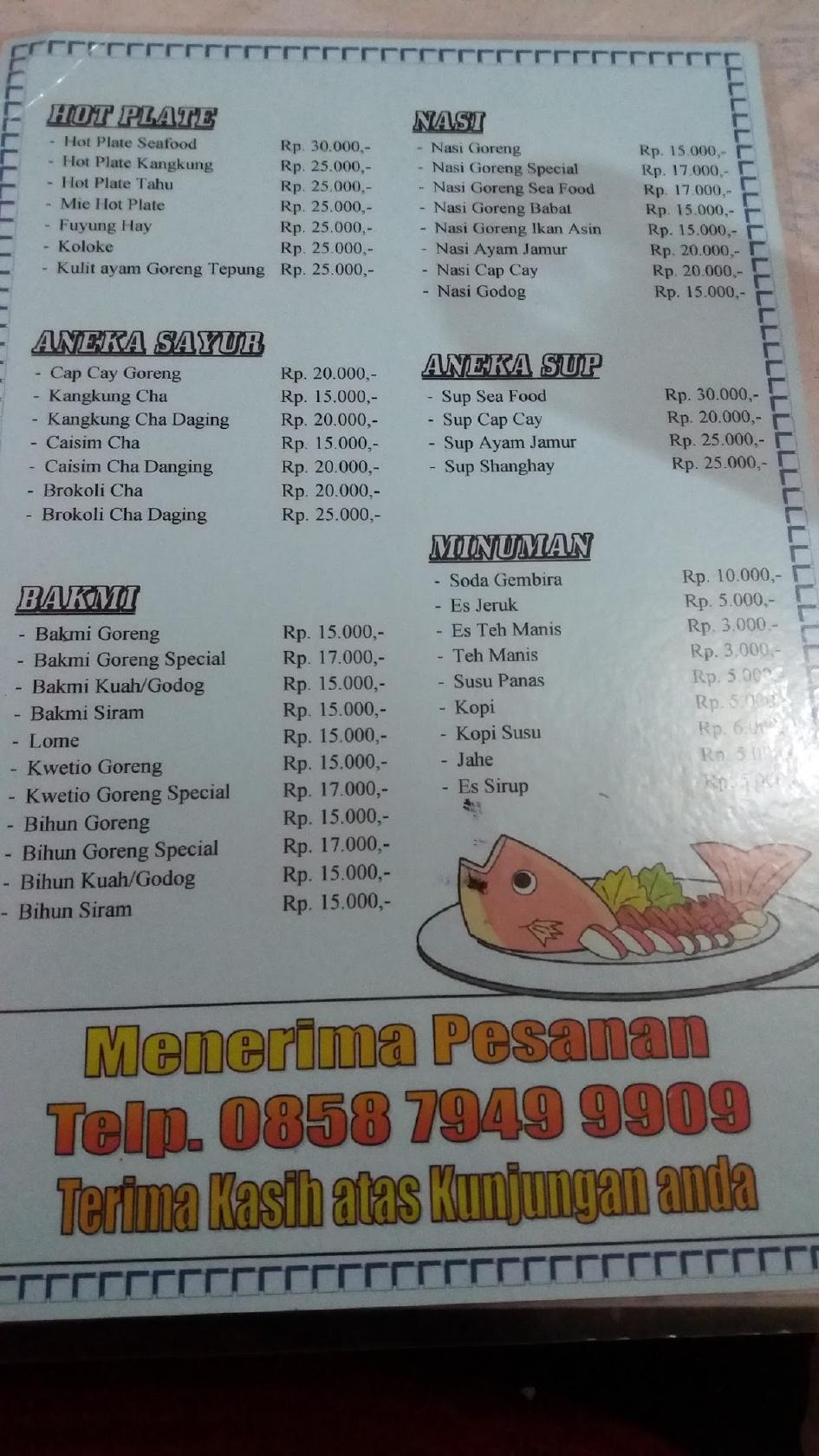 Menu at Wm. Sari Laut Seafood restaurant, Ambarawa