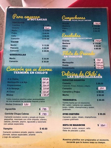 Menu at Mariscos Chilo's restaurant, Puerto Vallarta