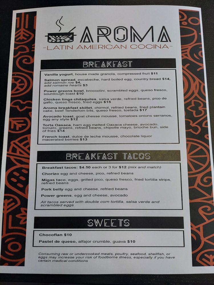 Menu at Aroma Latin American Cocina restaurant, Henderson