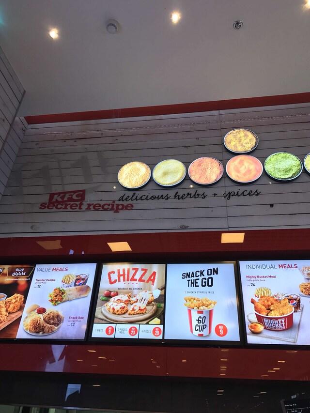 Menu at KFC fast food, Dubai, Al Awir Road