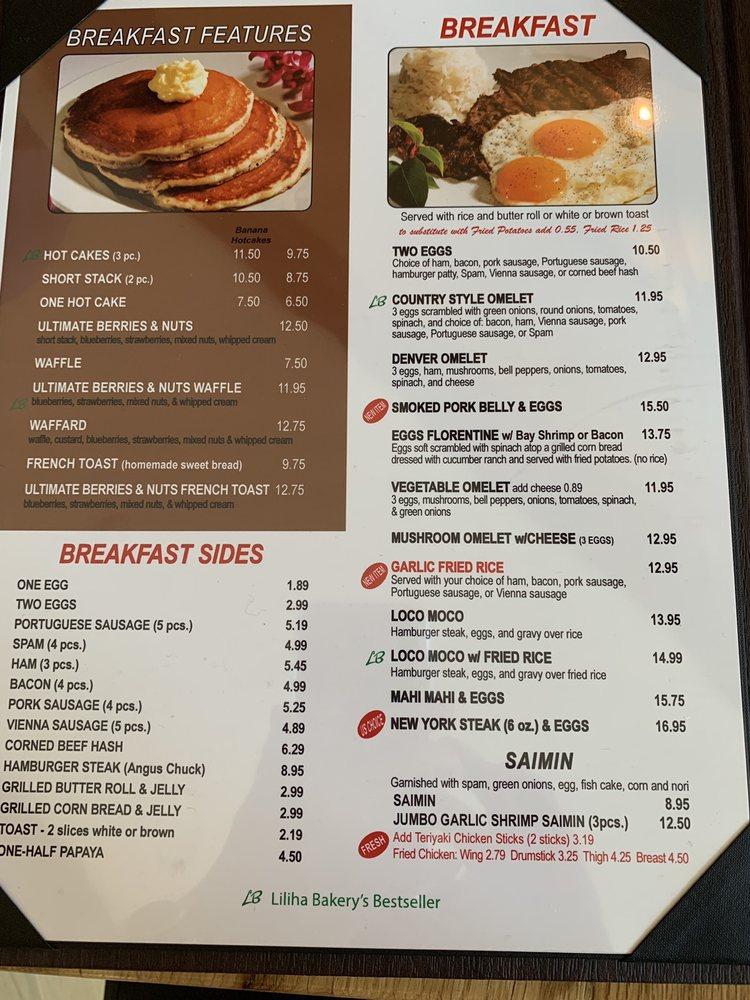 Menu at Liliha Bakery, Honolulu, 1450 Ala Moana Blvd