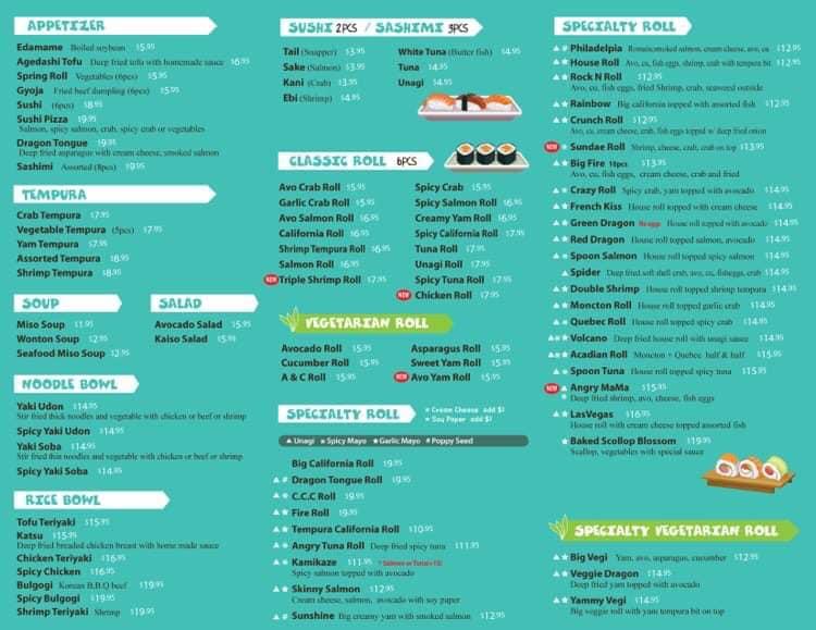 Menu at Spoon Sushi restaurant, Moncton