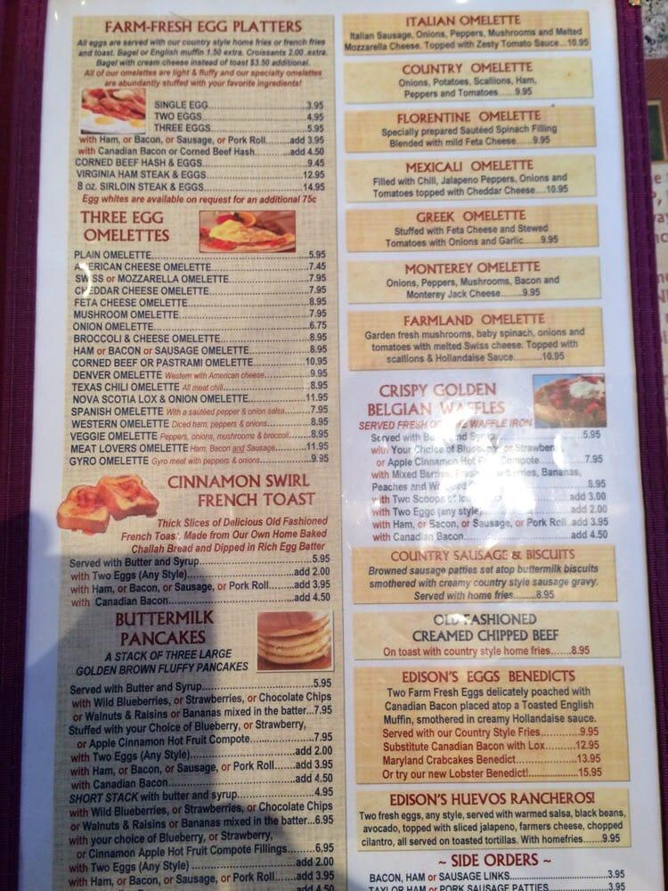 Menu at The Edison Diner restaurant, Edison