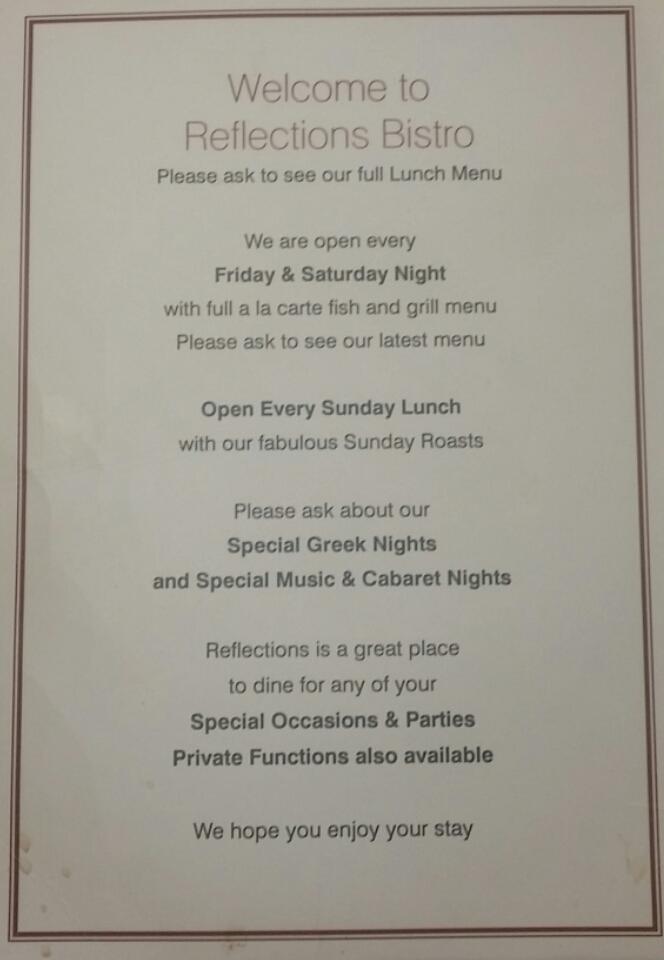 Menu at Reflections Bistro cafe, Dawlish
