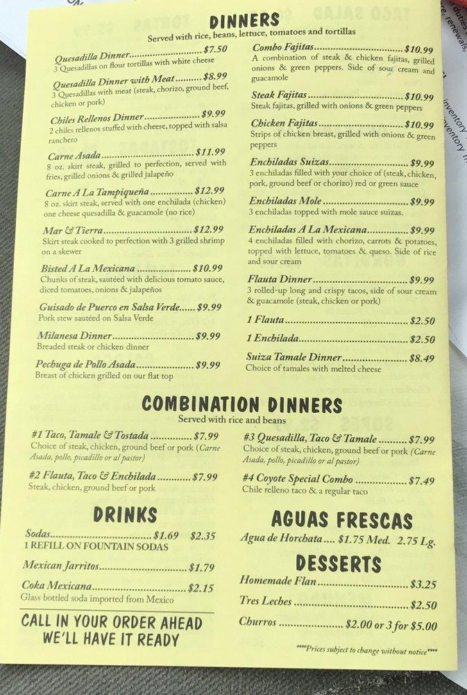 Menu at El Coyote Mexican Restaurant, Alsip