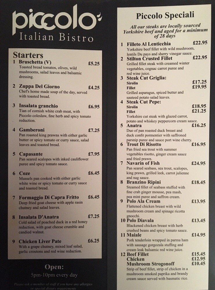 Menu At Piccolo Italian Bistro Pizzeria Hull