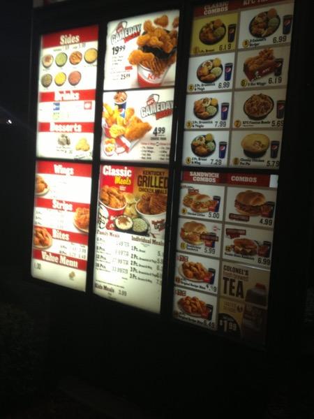 Menu at KFC fast food, Fort Worth, Bridge St