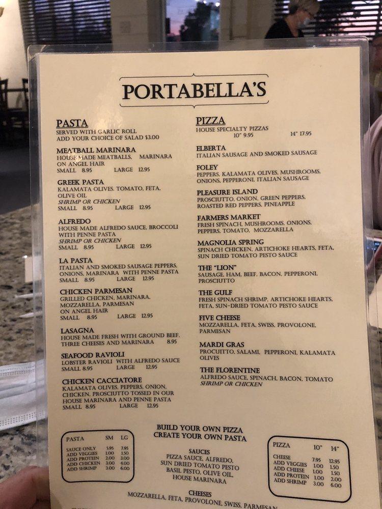 Menu at Portabella's pizzeria, Foley