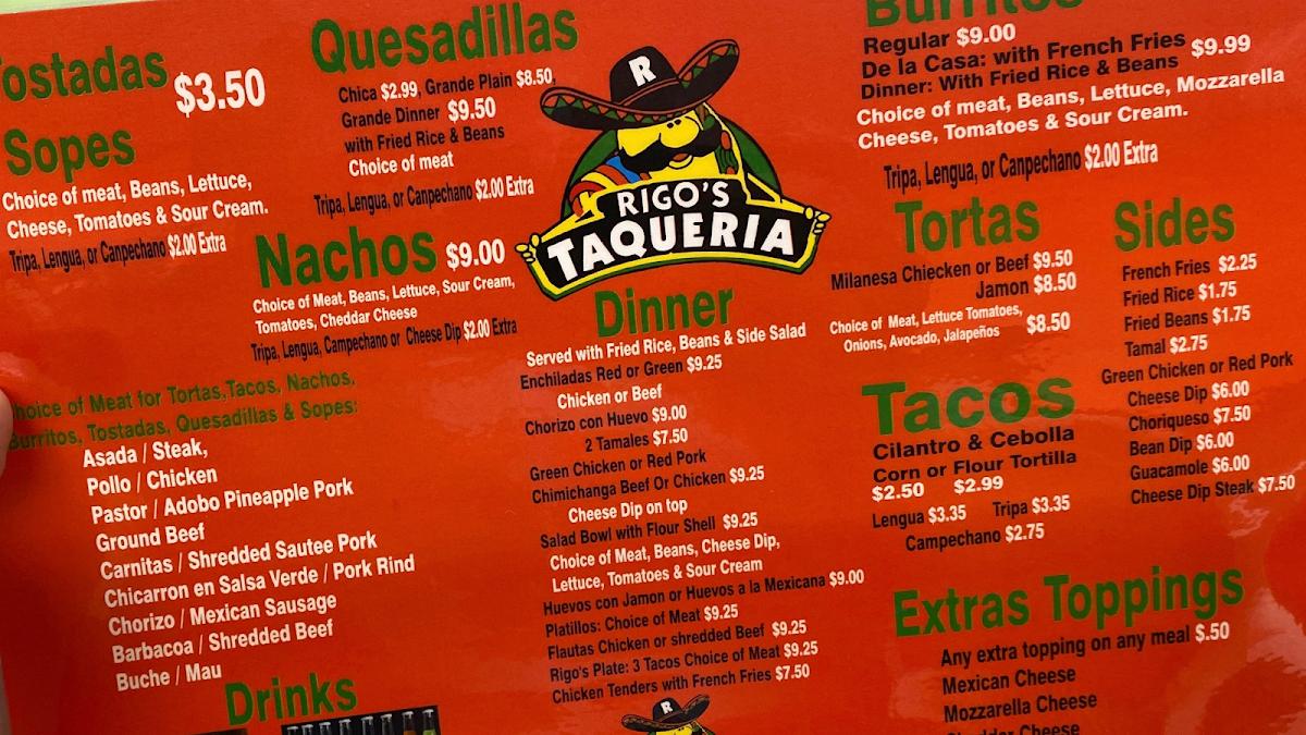 Menu at Rigo’s Taqueria restaurant, Fort Wayne