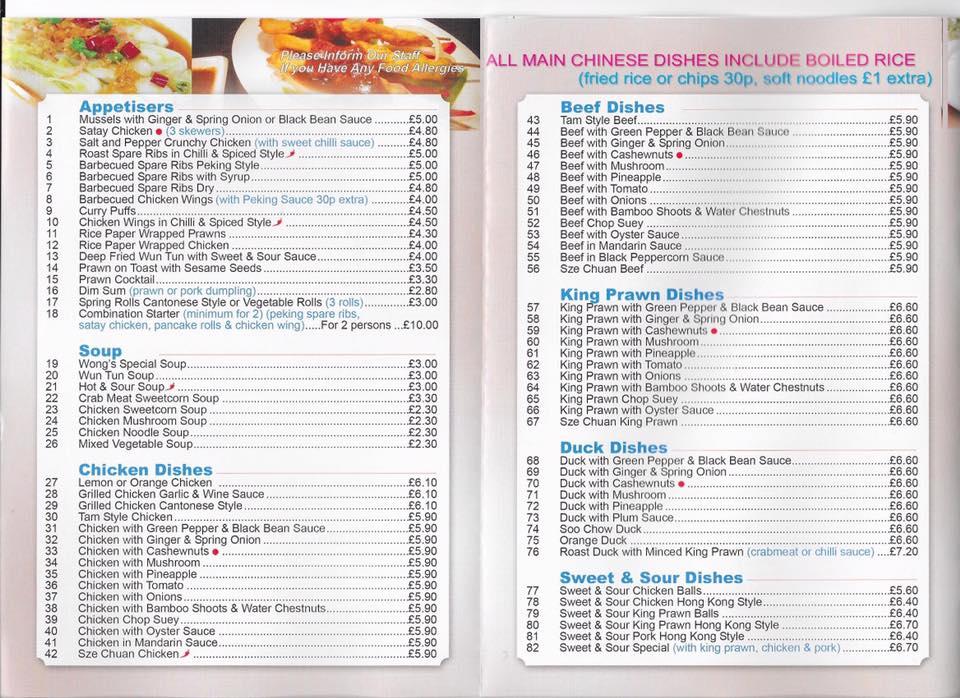 Menu at Wongs fast food, Glasgow