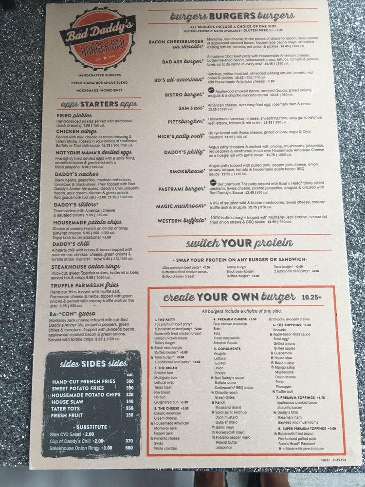 Menu at Bad Daddy's Burger Bar, Summerville