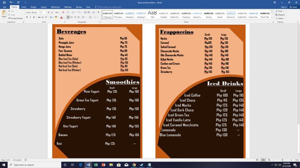 Menu at Bean and Brew Coffee Shop restaurant, Tuguegarao City