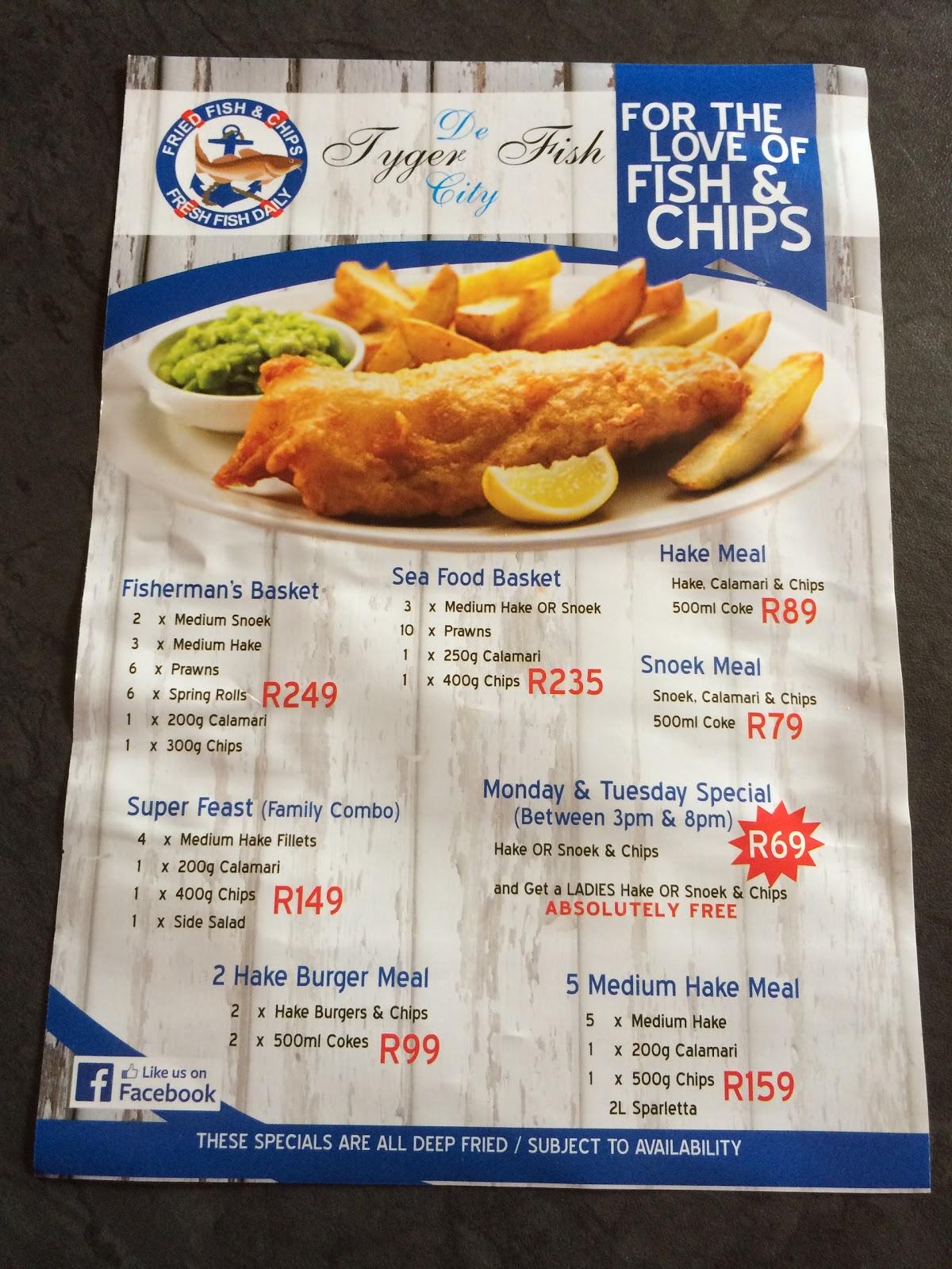 Menu at De Tyger Fish City restaurant, Cape Town