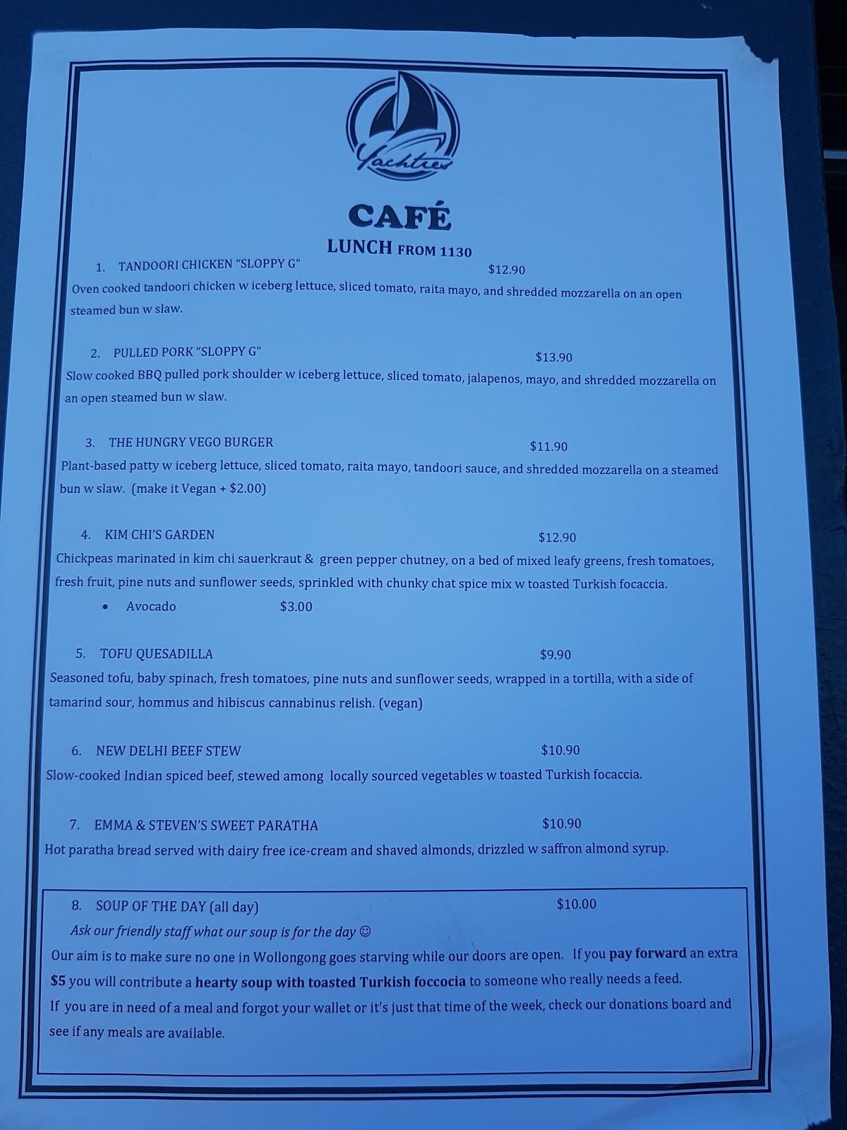 Yachties' Cafe menu