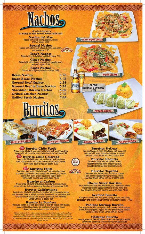 Menu at Cinco Mexican Grill and Bar, Bluffton